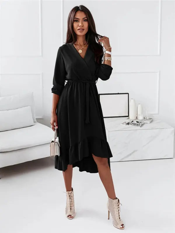 Solid Ruffle Elegant Long Sleeve Dress kakaclo