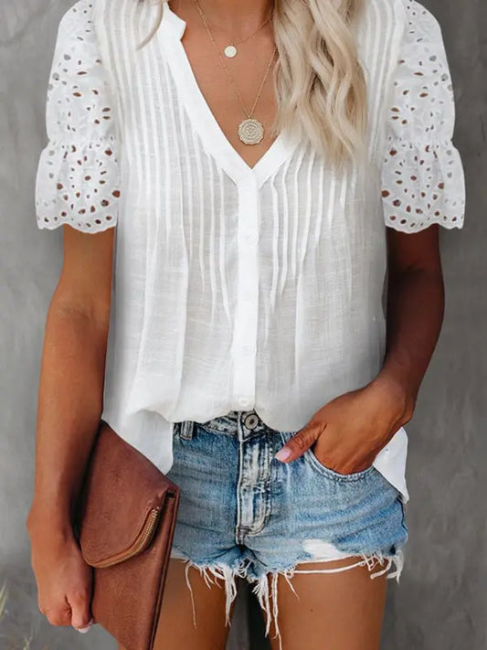Solid color V-neck front pleats lace puff sleeves splicing single-breasted multi-button shirt kakaclo