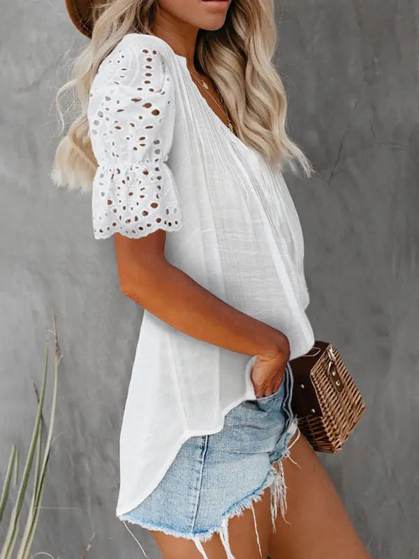 Solid color V-neck front pleats lace puff sleeves splicing single-breasted multi-button shirt kakaclo