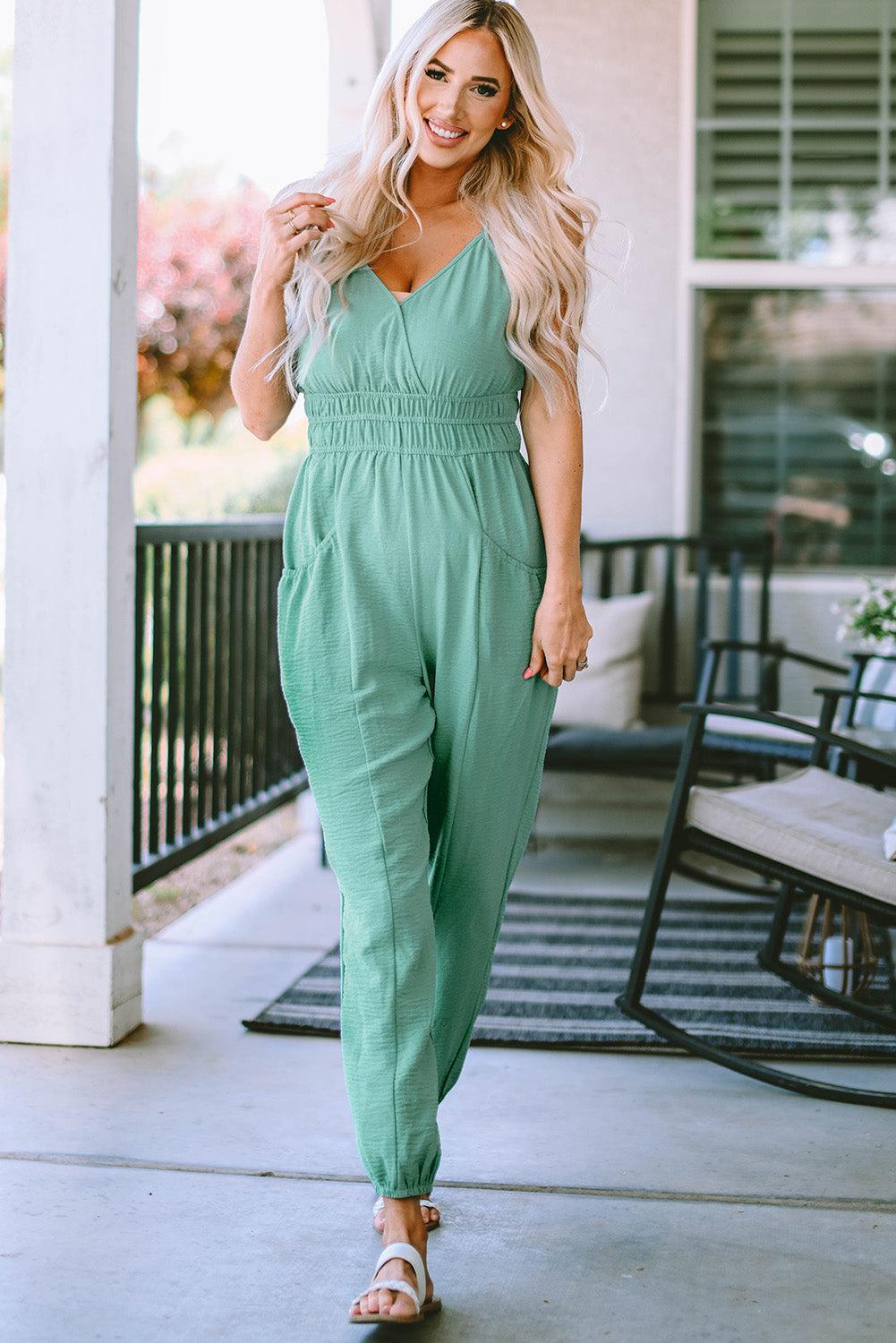 Spaghetti Strap V-Neck Jumpsuit with Pockets BLUE ZONE PLANET