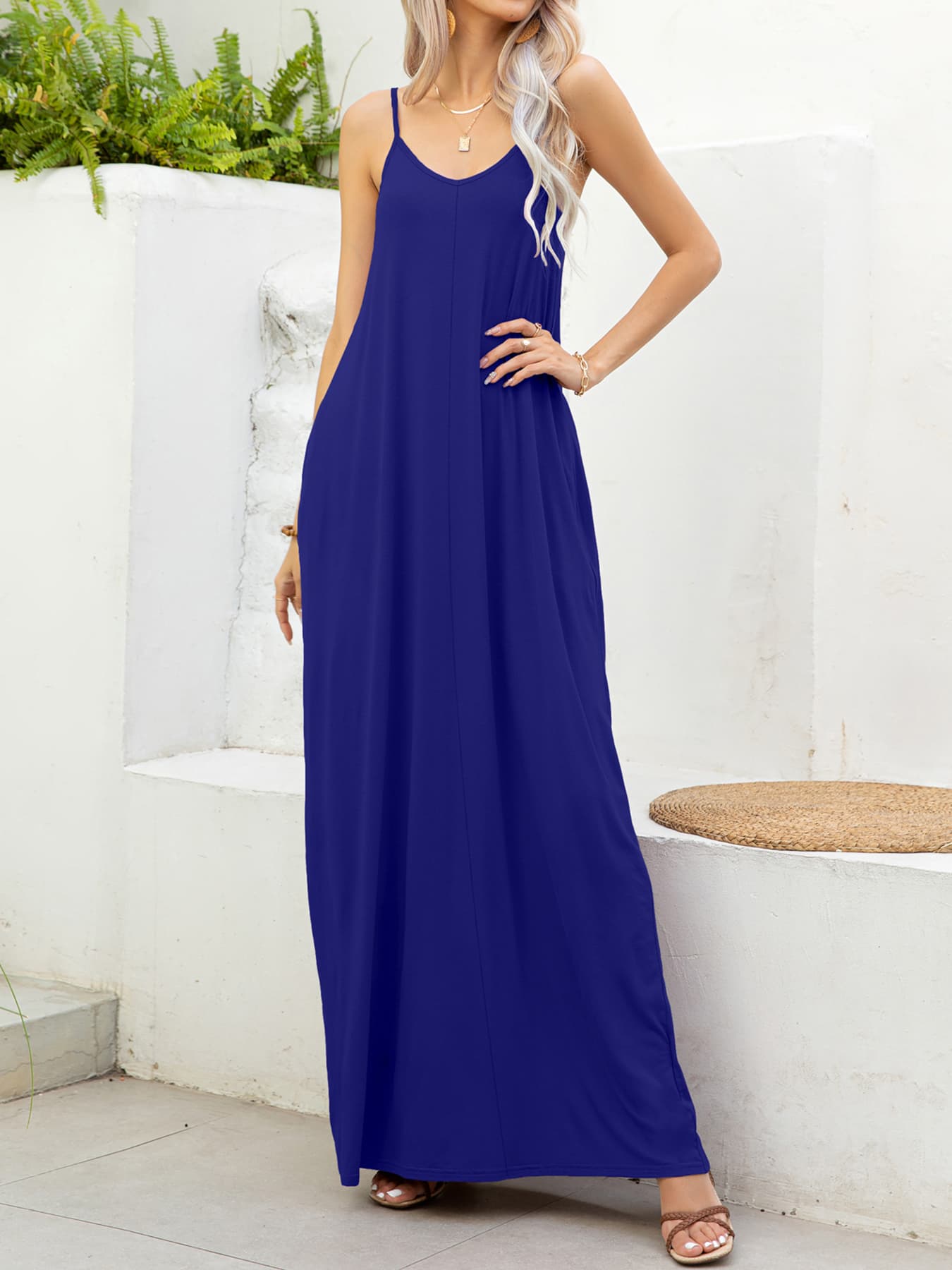 Spaghetti Strap V-Neck Maxi Dress with Pockets BLUE ZONE PLANET