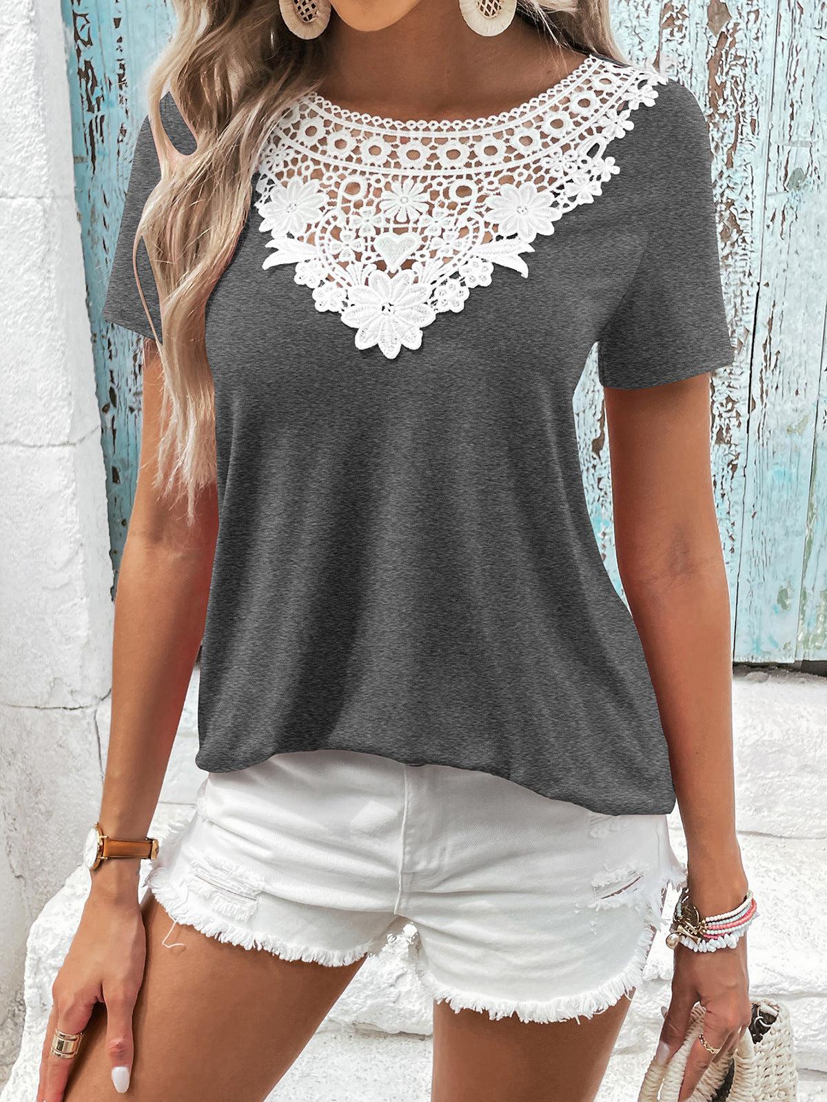 Spliced Lace Contrast Short Sleeve Top BLUE ZONE PLANET