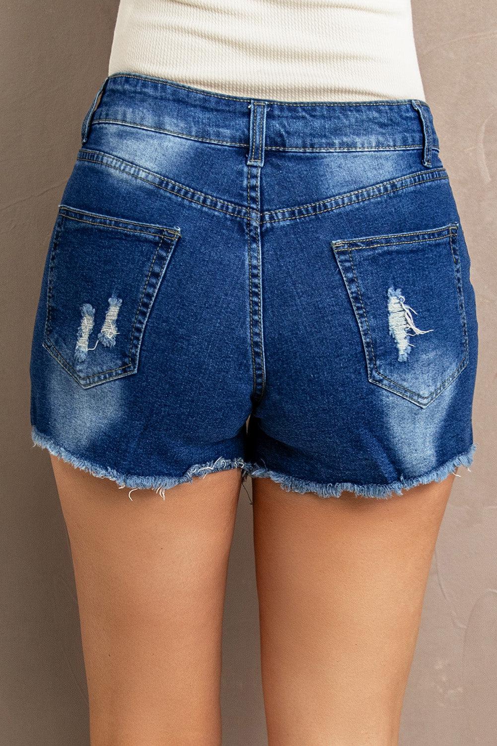 Spliced Lace Distressed Denim Shorts BLUE ZONE PLANET