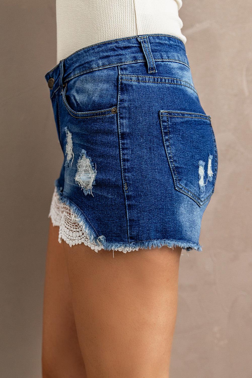 Spliced Lace Distressed Denim Shorts BLUE ZONE PLANET