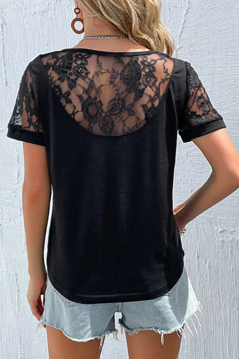 Spliced Lace Round Neck Short Sleeve Top BLUE ZONE PLANET