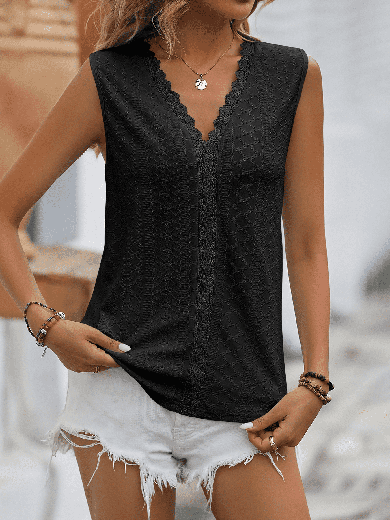 Spliced Lace V-Neck Sleeveless Tank BLUE ZONE PLANET