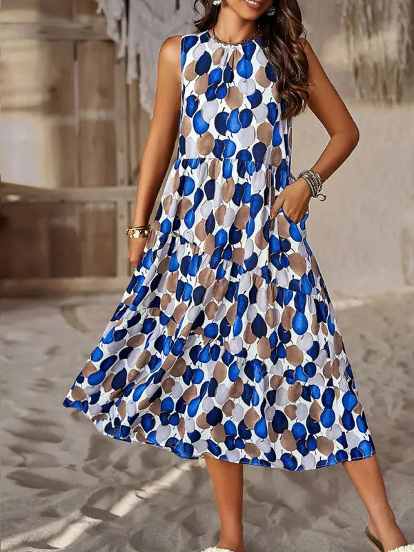 Spring and summer halter neck loose holiday multi-layer print dress BLUE ZONE PLANET