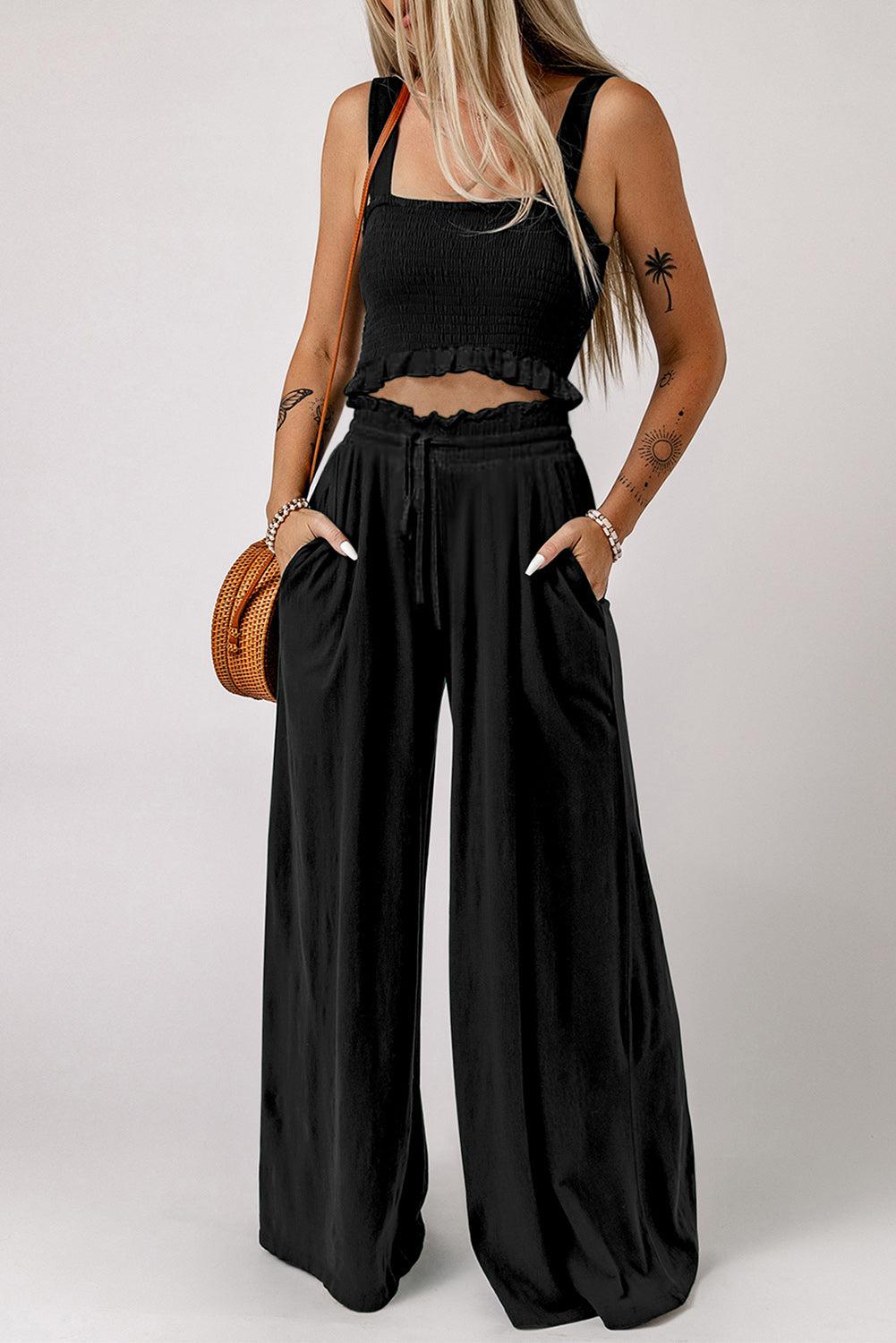 Square Neck Cropped Tank Top and Long Pants Set BLUE ZONE PLANET