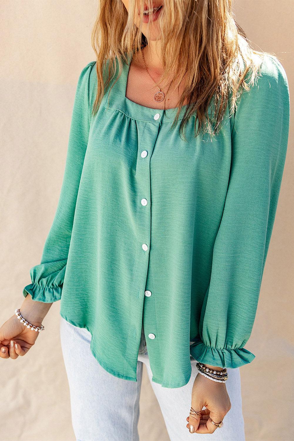 Square Neck Flounce Sleeve Buttoned Shirt BLUE ZONE PLANET