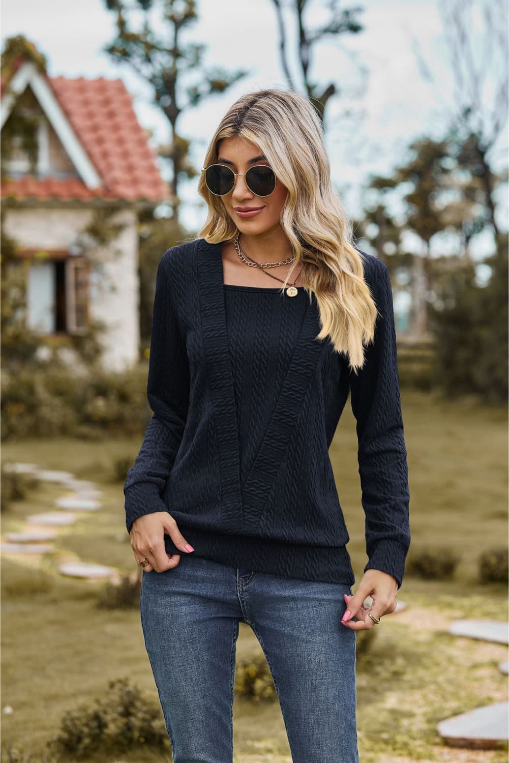 Square Neck Long Sleeve Blouse BLUE ZONE PLANET