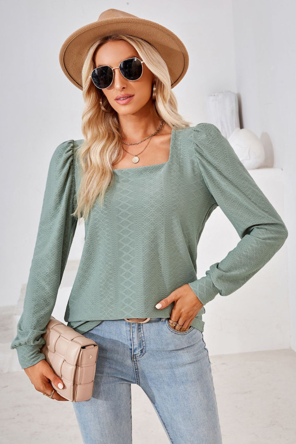 Square Neck Puff Sleeve Blouse BLUE ZONE PLANET