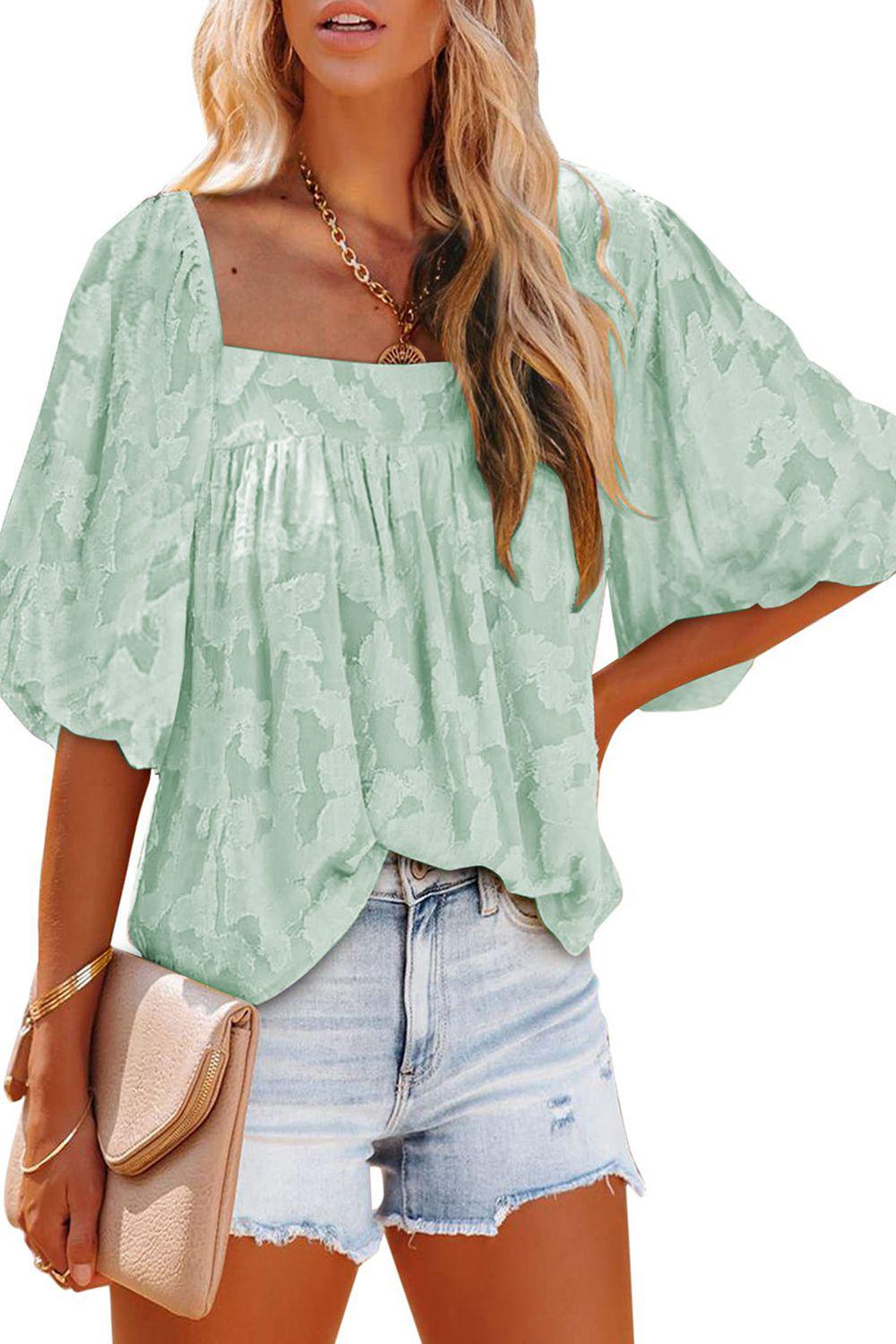 Square Neck Puff Sleeve Blouse BLUE ZONE PLANET