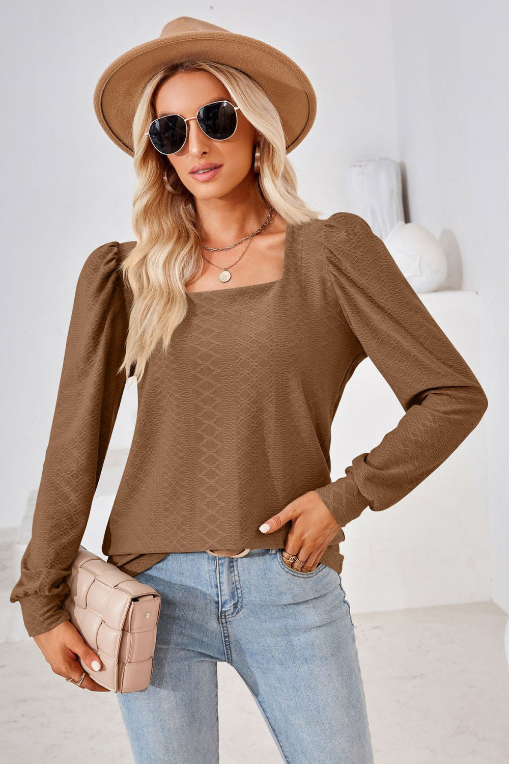 Square Neck Puff Sleeve Blouse BLUE ZONE PLANET