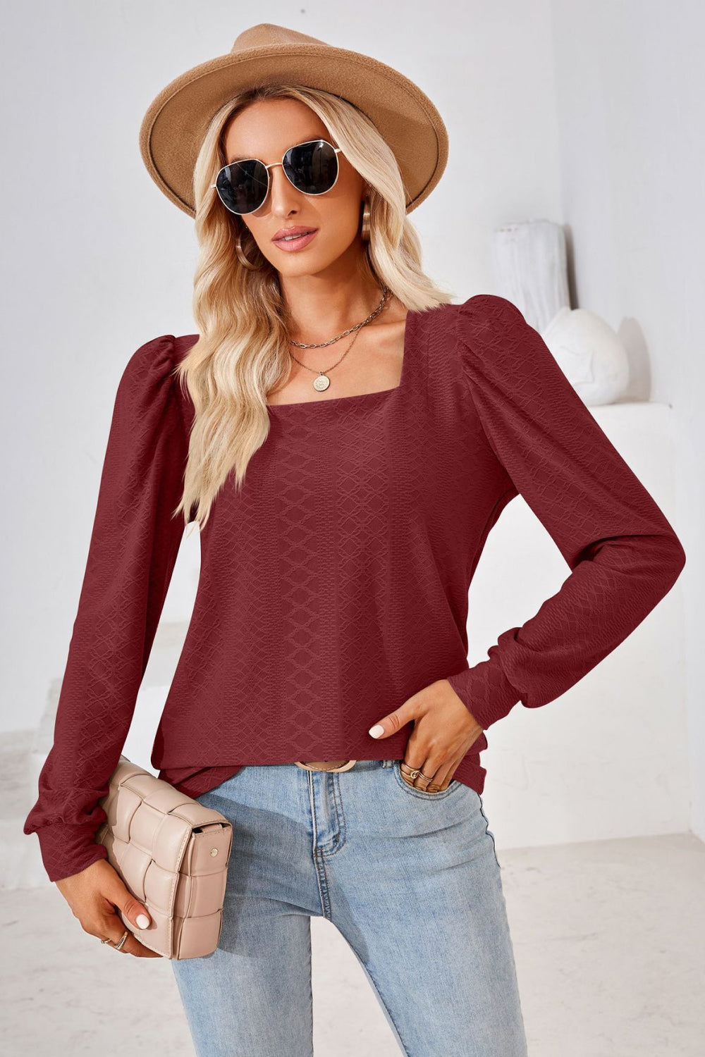 Square Neck Puff Sleeve Blouse BLUE ZONE PLANET