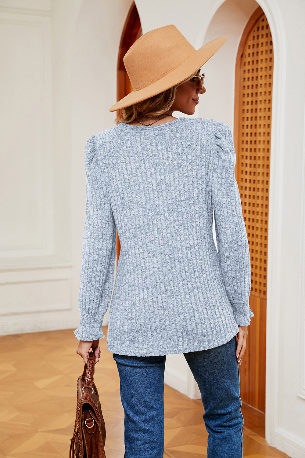 Square Neck Puff Sleeve Top BLUE ZONE PLANET