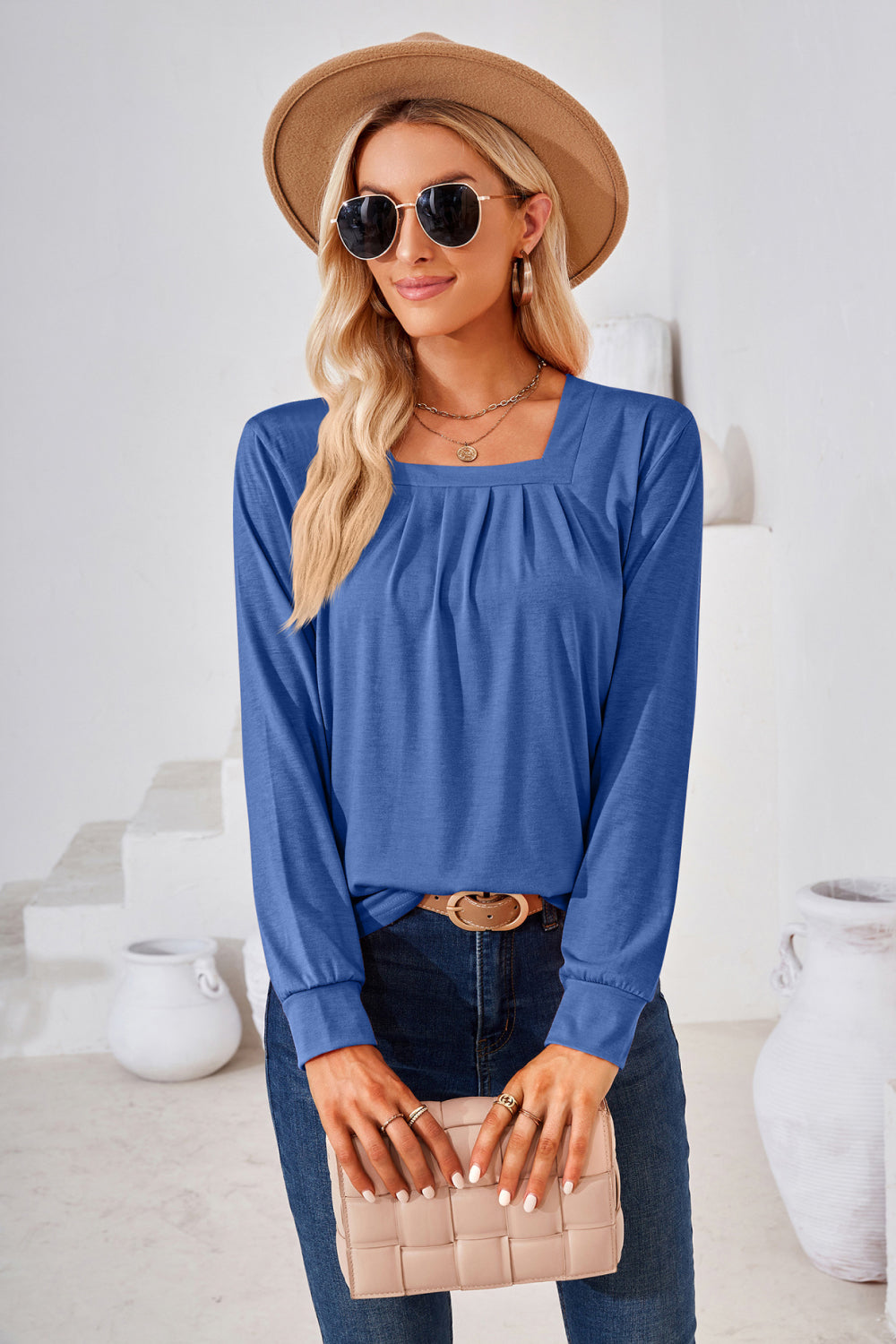 Square Neck Ruched Long Sleeve Blouse BLUE ZONE PLANET