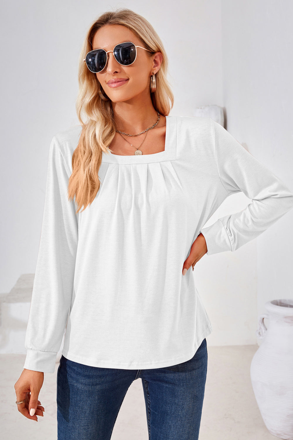 Square Neck Ruched Long Sleeve Blouse BLUE ZONE PLANET