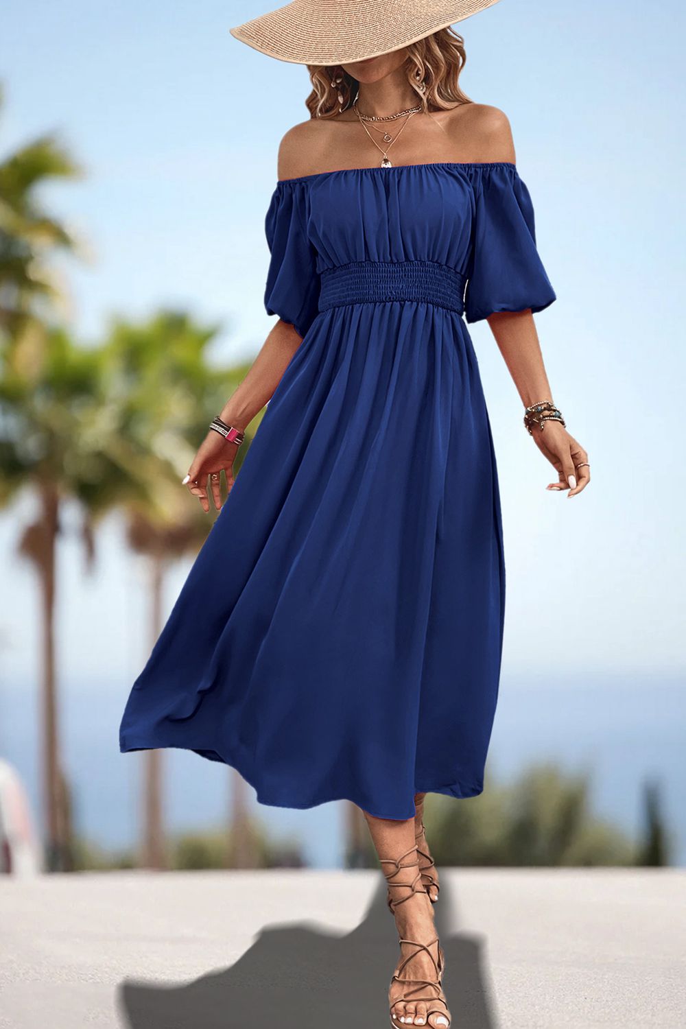 Square Neck Smocked Waist Puff Sleeve Midi Dress BLUE ZONE PLANET