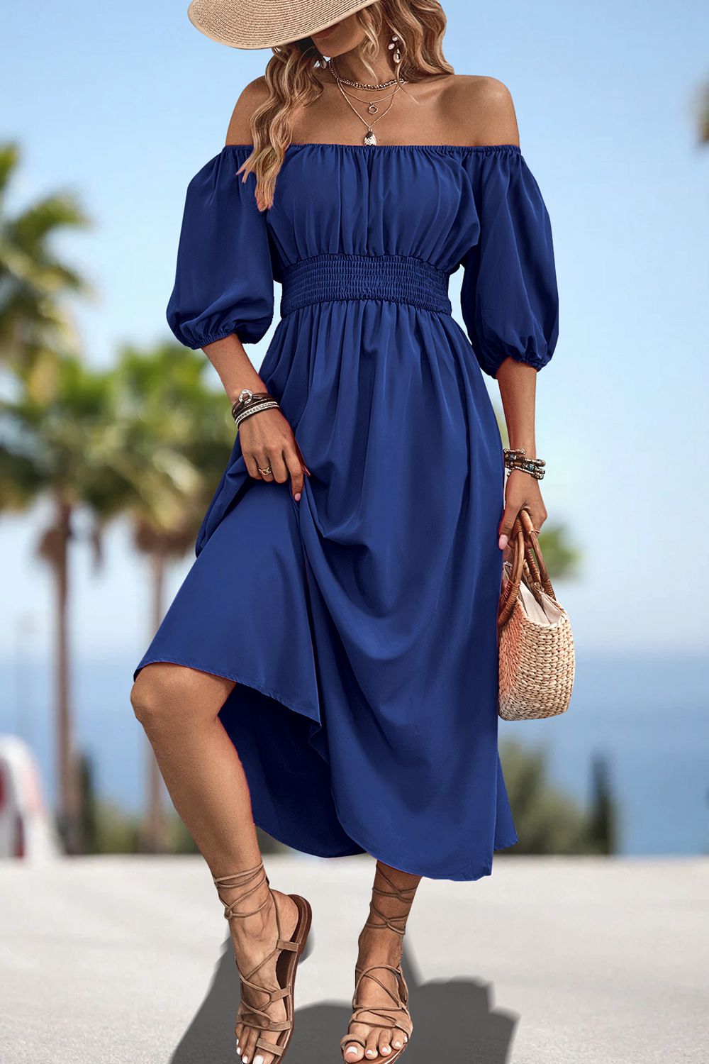 Square Neck Smocked Waist Puff Sleeve Midi Dress BLUE ZONE PLANET