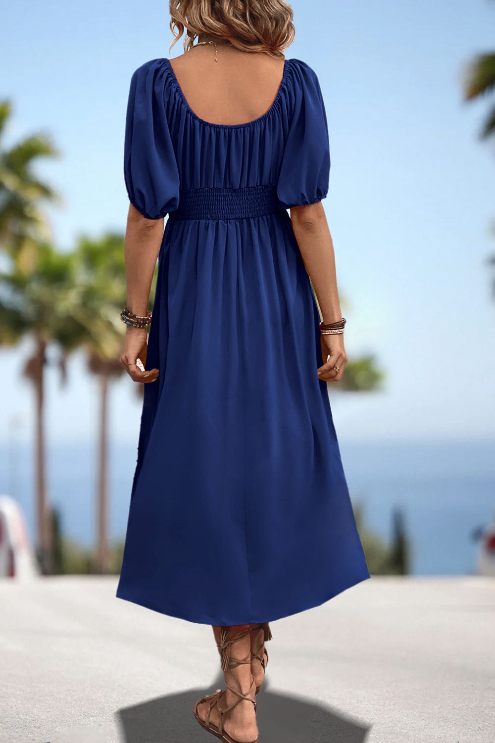 Square Neck Smocked Waist Puff Sleeve Midi Dress BLUE ZONE PLANET