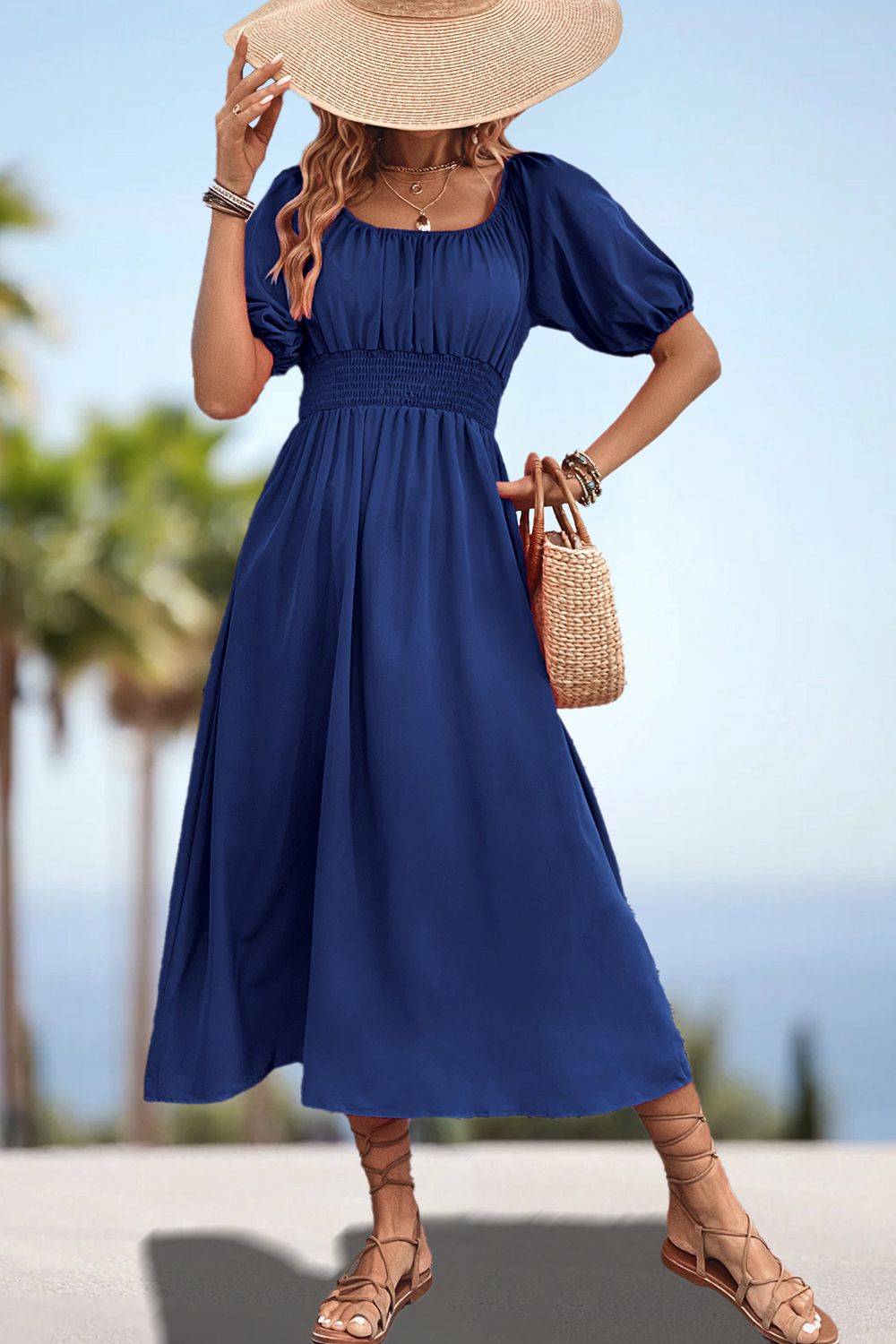 Square Neck Smocked Waist Puff Sleeve Midi Dress BLUE ZONE PLANET