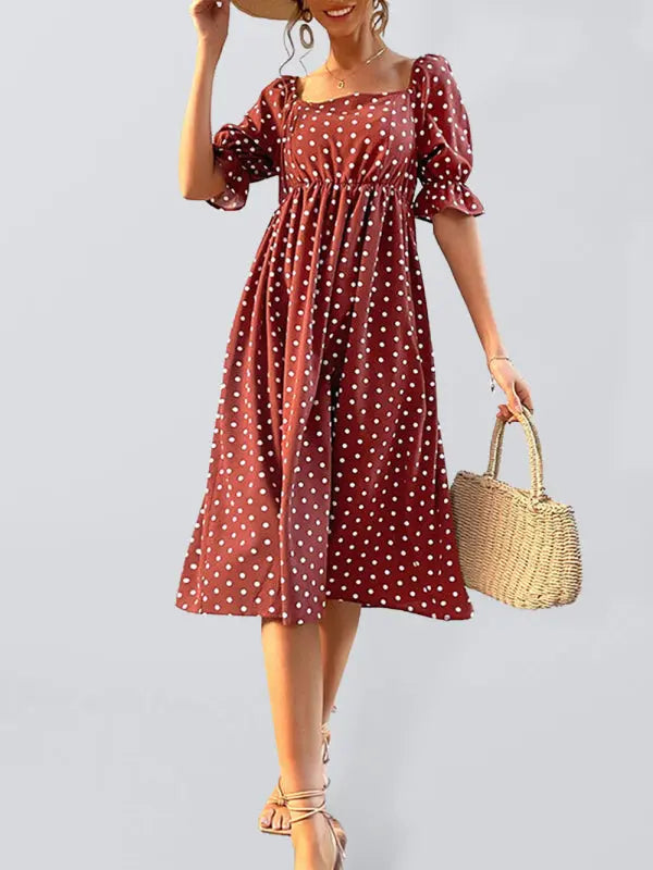 Square Neck Vintage Ruffle High Waist Polka Dot Dress BLUE ZONE PLANET