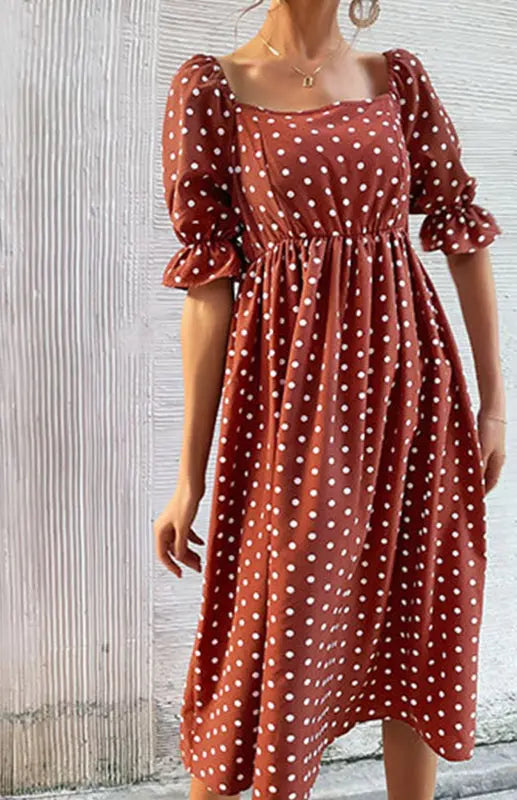 Blue Zone Planet | Square Neck Vintage Ruffle High Waist Polka Dot Brick red / S by Blue Zone Planet Blue Zone Planet | Square Neck Vintage Ruffle High Waist Polka Dot Brick red / S by Blue Zone Planet