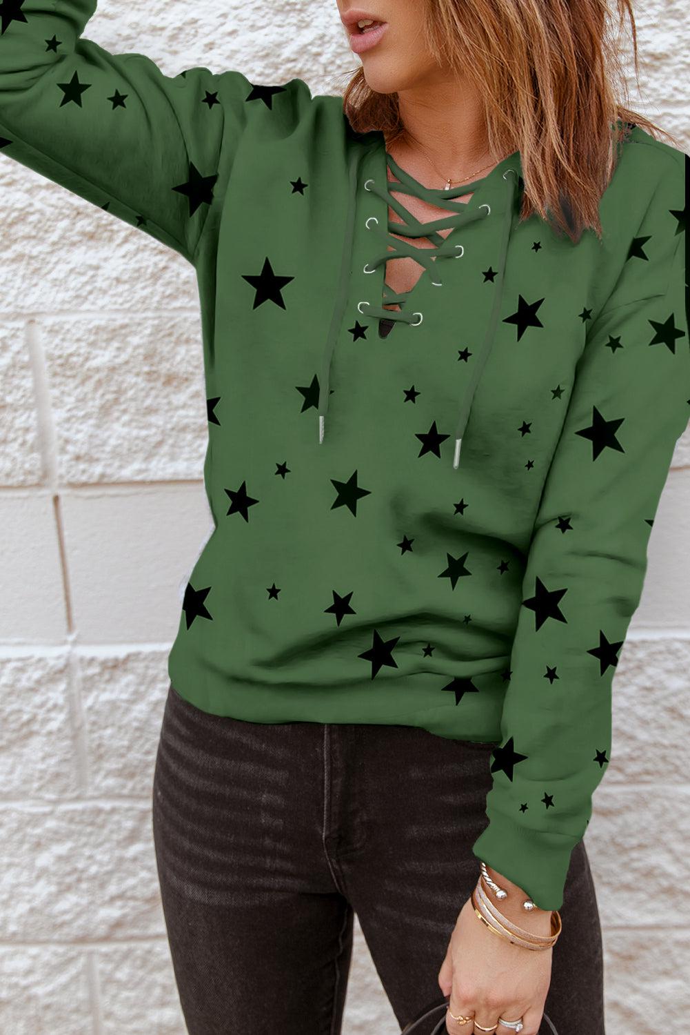 Star Pattern Lace-Up Hoodie BLUE ZONE PLANET