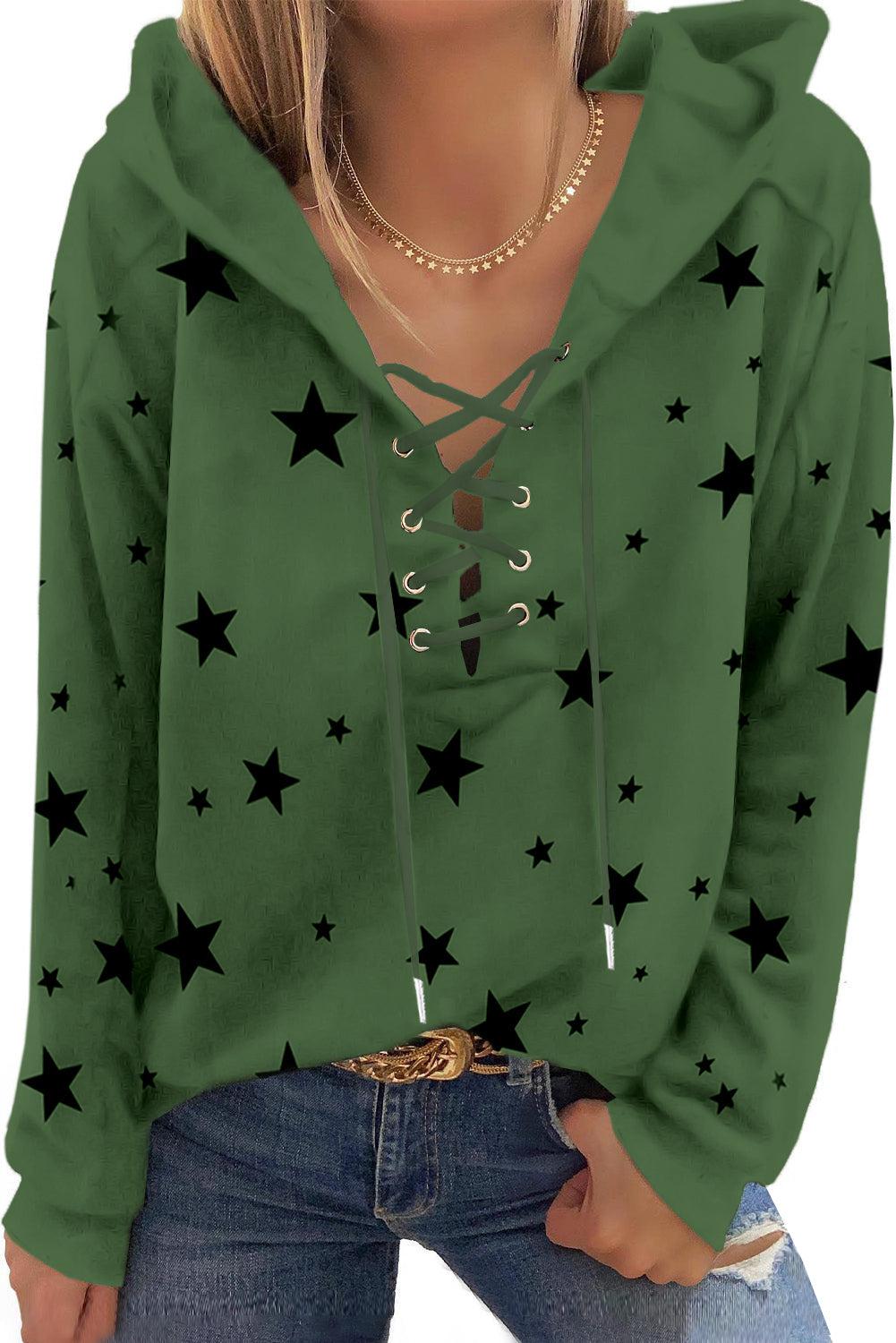 Star Pattern Lace-Up Hoodie BLUE ZONE PLANET