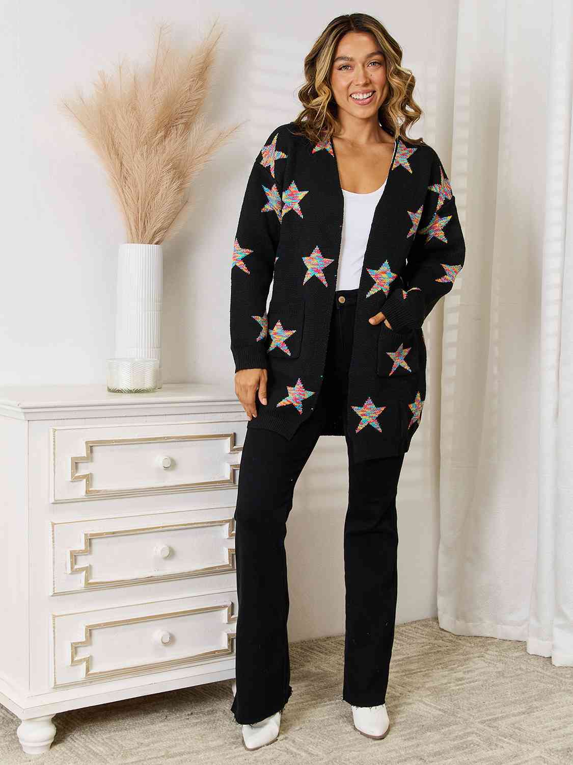 Star Pattern Open Front Cardigan with Pockets BLUE ZONE PLANET