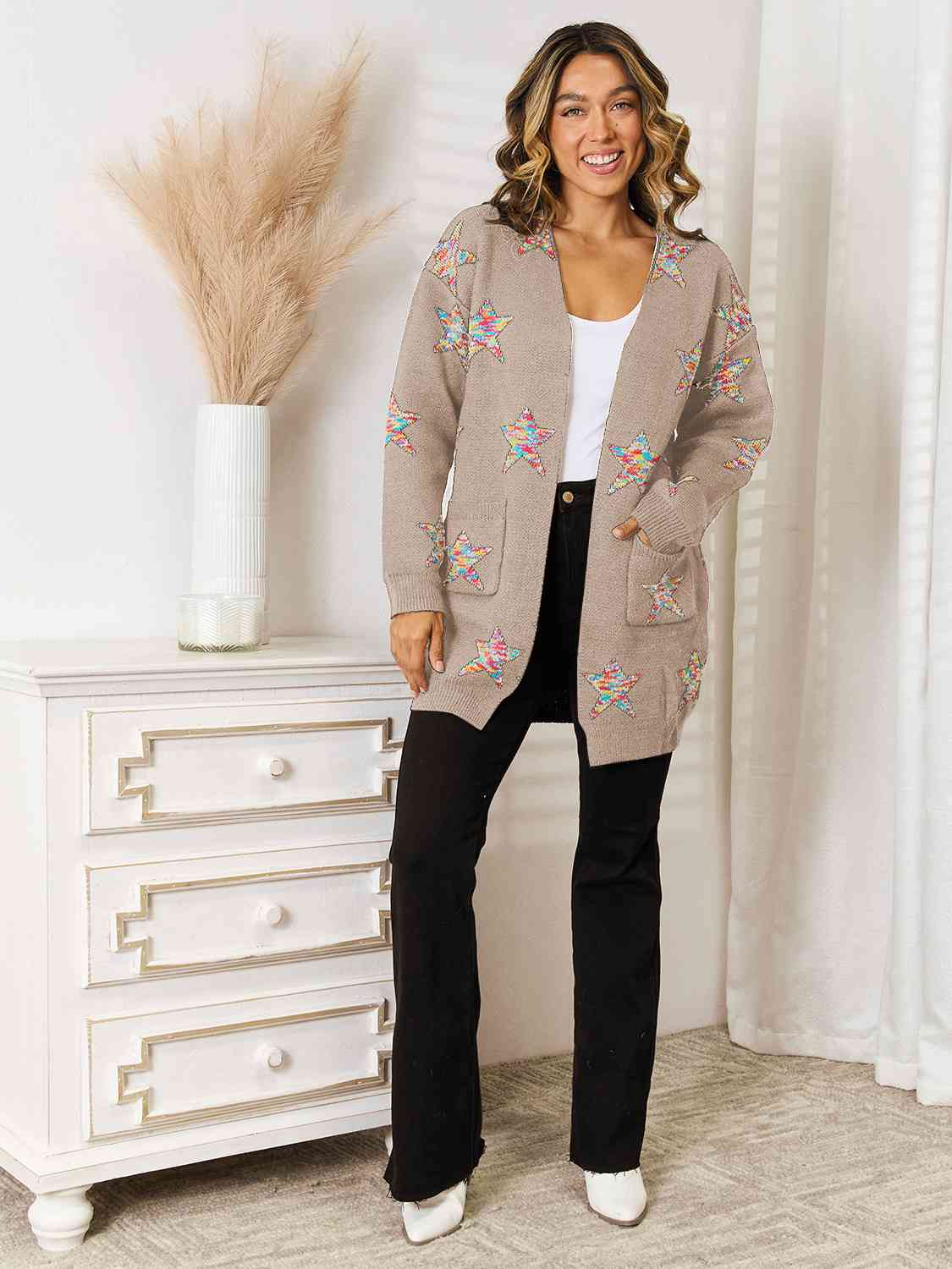 Star Pattern Open Front Cardigan with Pockets BLUE ZONE PLANET