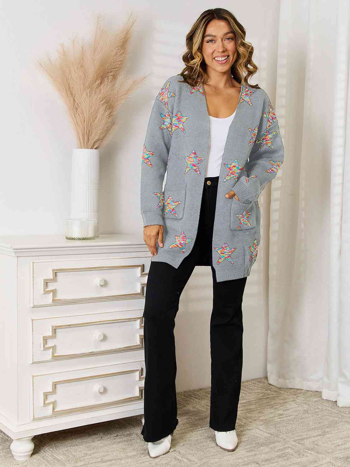 Star Pattern Open Front Cardigan with Pockets BLUE ZONE PLANET