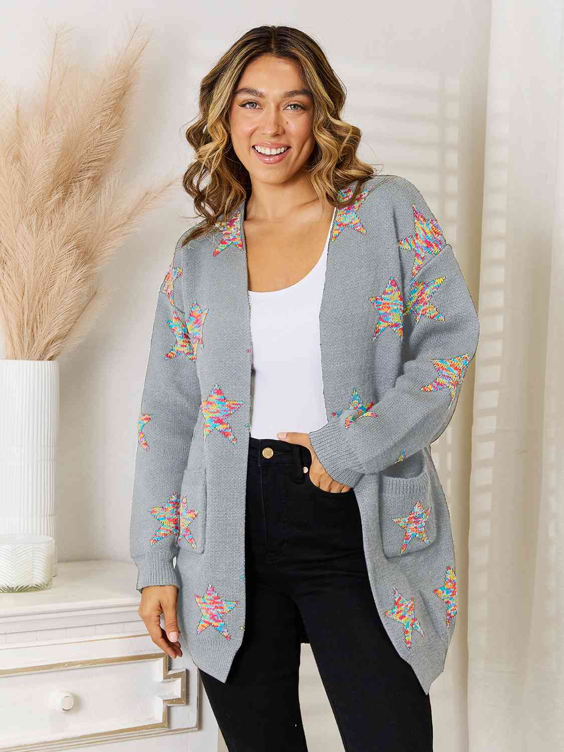 Star Pattern Open Front Cardigan with Pockets BLUE ZONE PLANET