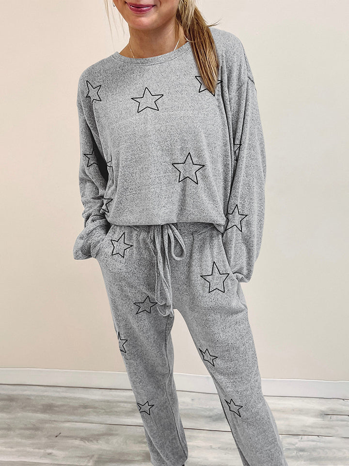 Star Print Long Sleeve Top and Pants Lounge Set BLUE ZONE PLANET