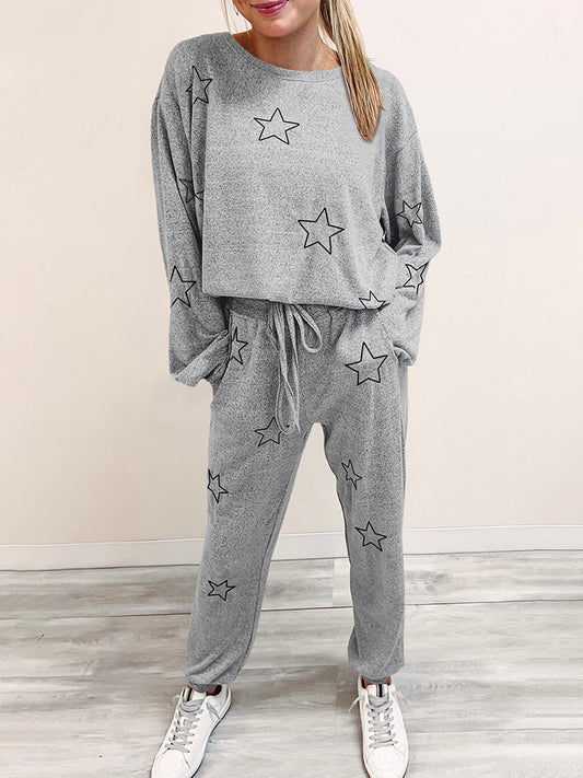 Star Print Long Sleeve Top and Pants Lounge Set BLUE ZONE PLANET