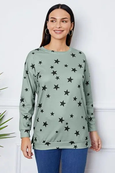 Star Print Round Neck Dropped Shoulder Sweatshirt BLUE ZONE PLANET