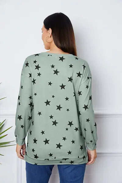 Star Print Round Neck Dropped Shoulder Sweatshirt BLUE ZONE PLANET