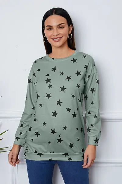 Star Print Round Neck Dropped Shoulder Sweatshirt BLUE ZONE PLANET