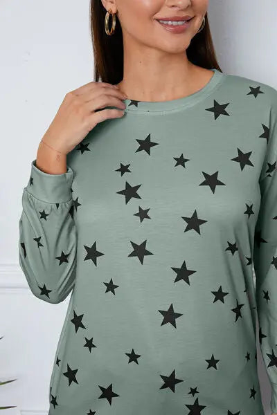 Star Print Round Neck Dropped Shoulder Sweatshirt BLUE ZONE PLANET