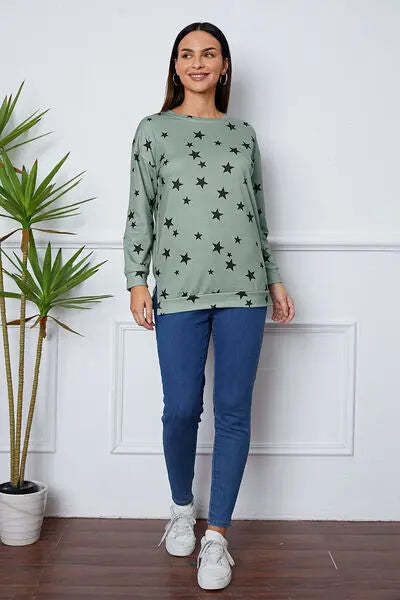 Star Print Round Neck Dropped Shoulder Sweatshirt BLUE ZONE PLANET