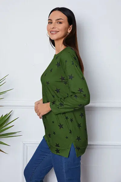 Star Print Round Neck Dropped Shoulder Sweatshirt BLUE ZONE PLANET