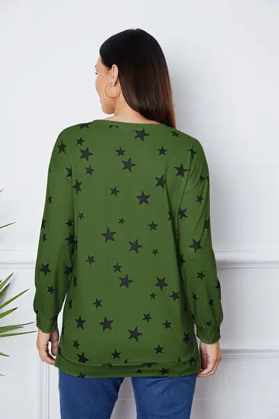 Star Print Round Neck Dropped Shoulder Sweatshirt BLUE ZONE PLANET