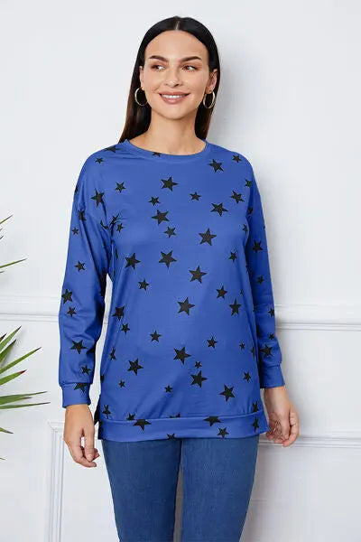 Star Print Round Neck Dropped Shoulder Sweatshirt BLUE ZONE PLANET