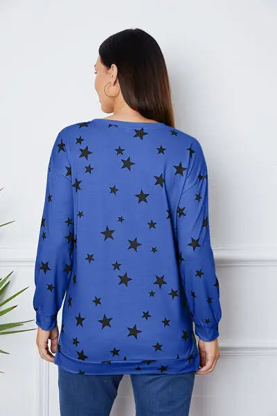 Star Print Round Neck Dropped Shoulder Sweatshirt BLUE ZONE PLANET