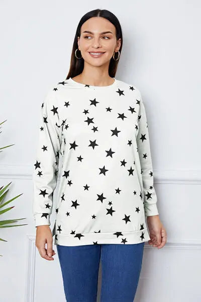 Star Print Round Neck Dropped Shoulder Sweatshirt BLUE ZONE PLANET