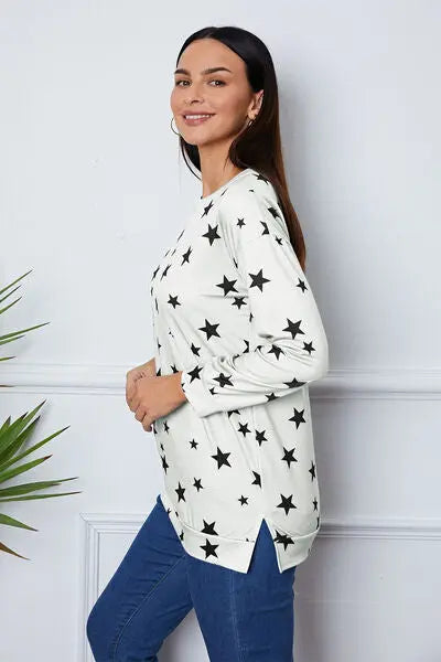 Star Print Round Neck Dropped Shoulder Sweatshirt BLUE ZONE PLANET