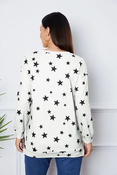 Star Print Round Neck Dropped Shoulder Sweatshirt BLUE ZONE PLANET