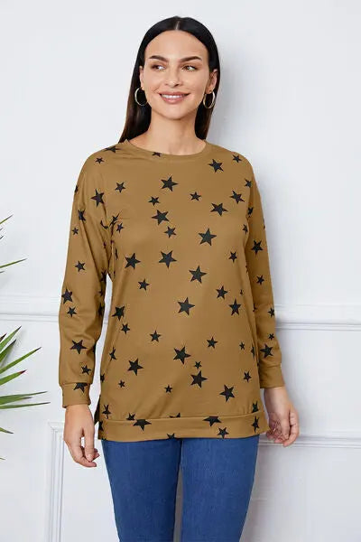 Star Print Round Neck Dropped Shoulder Sweatshirt BLUE ZONE PLANET