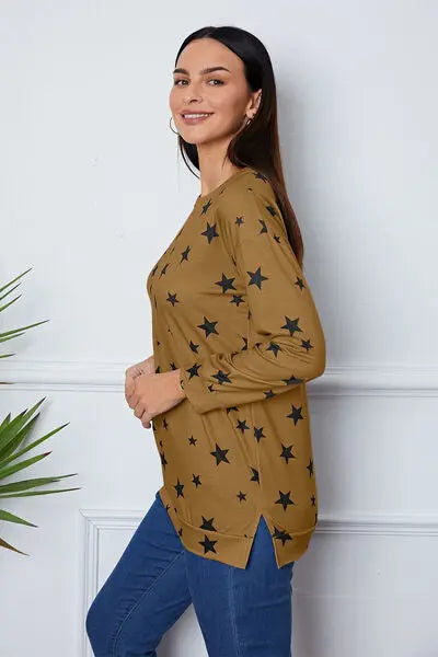 Star Print Round Neck Dropped Shoulder Sweatshirt BLUE ZONE PLANET