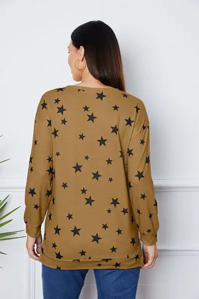 Star Print Round Neck Dropped Shoulder Sweatshirt BLUE ZONE PLANET